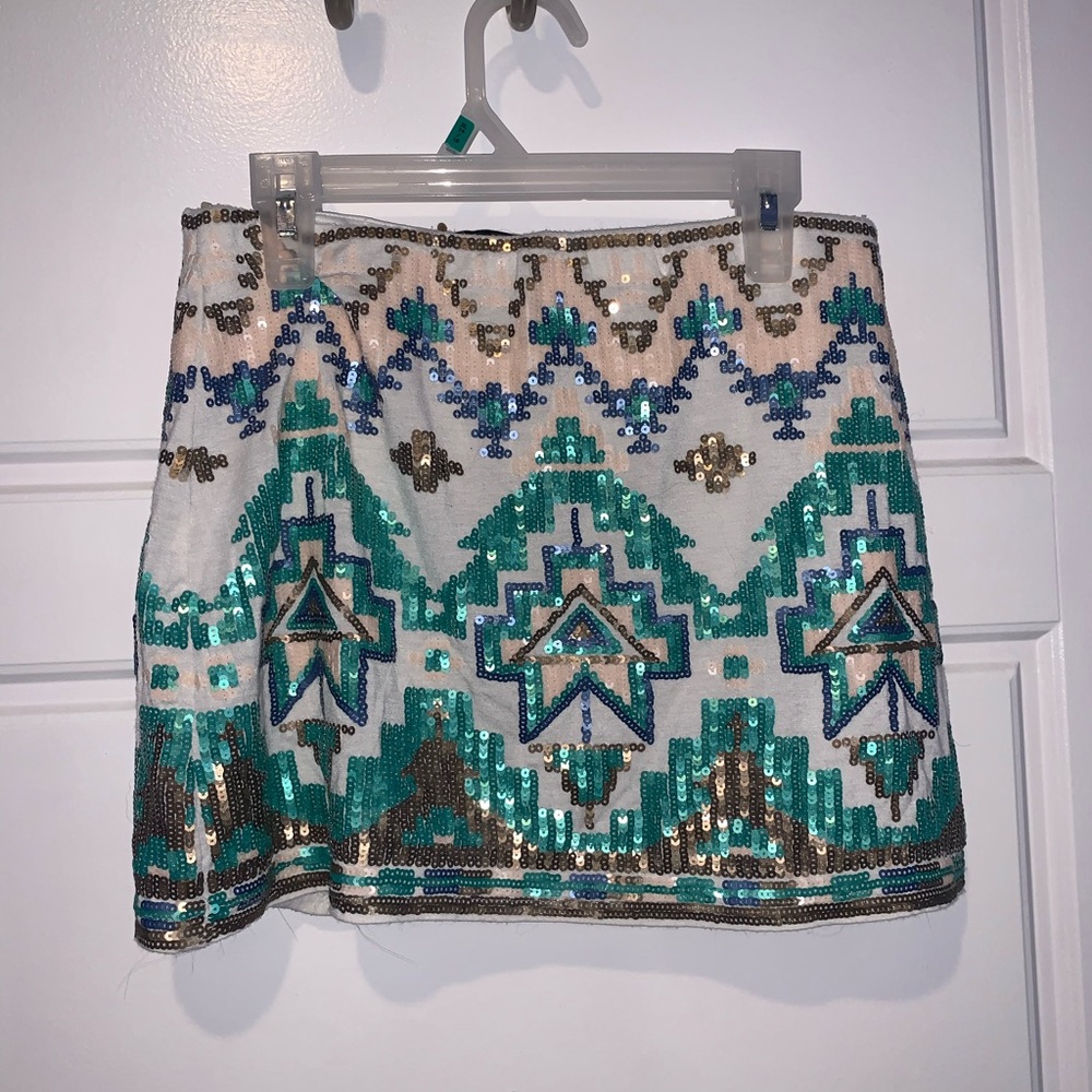 Verty Aztec Print Sequin Skirt** color: teal/gold